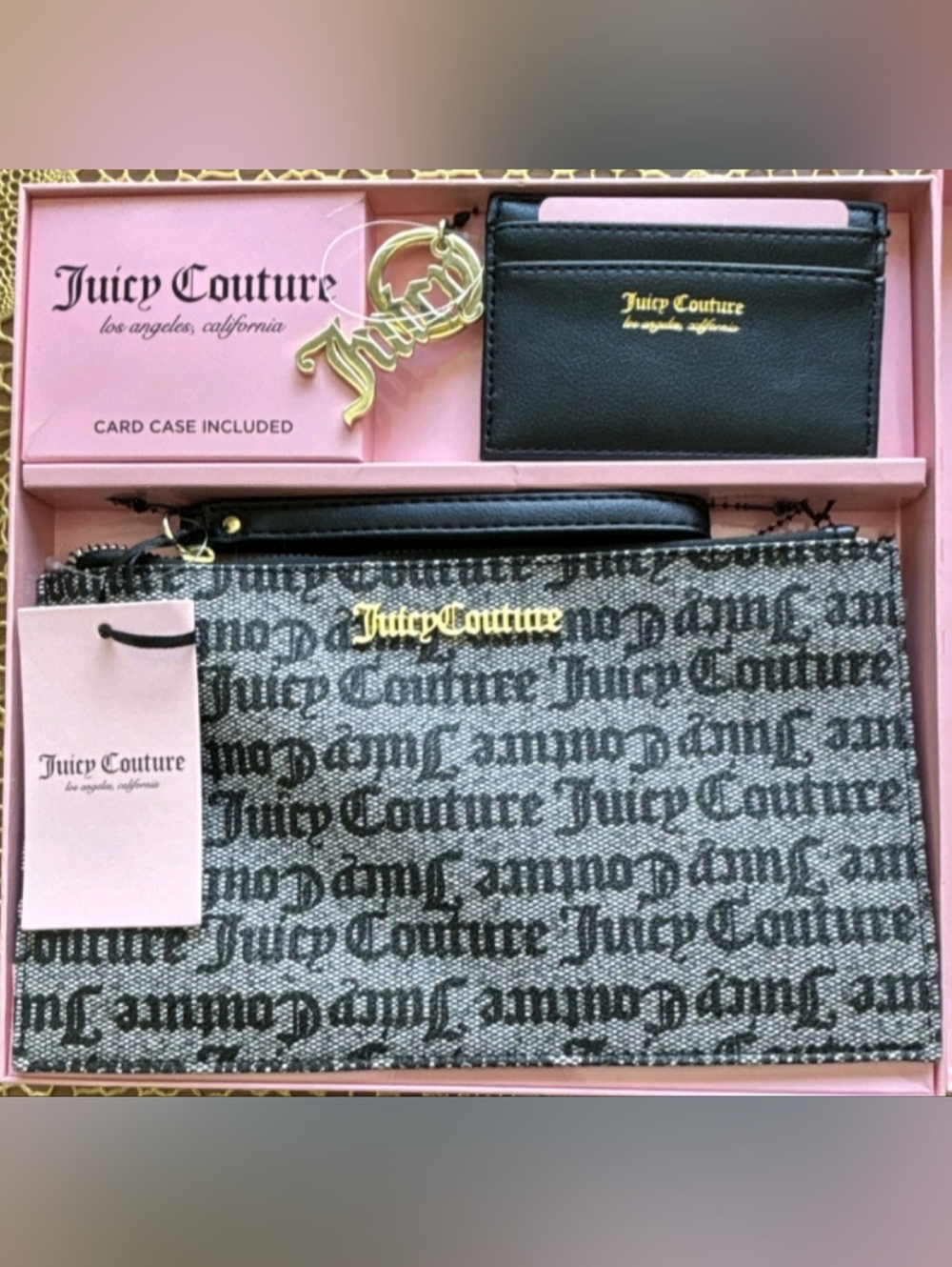 Juicy Couture Black and Pink Logo Wristlet and Cardholder Set